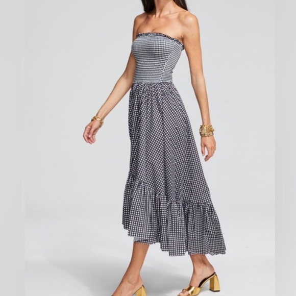 Caroline Constas Strapless Gingham Midi Dress Small Black White Vacation Party - Picture 2 of 10